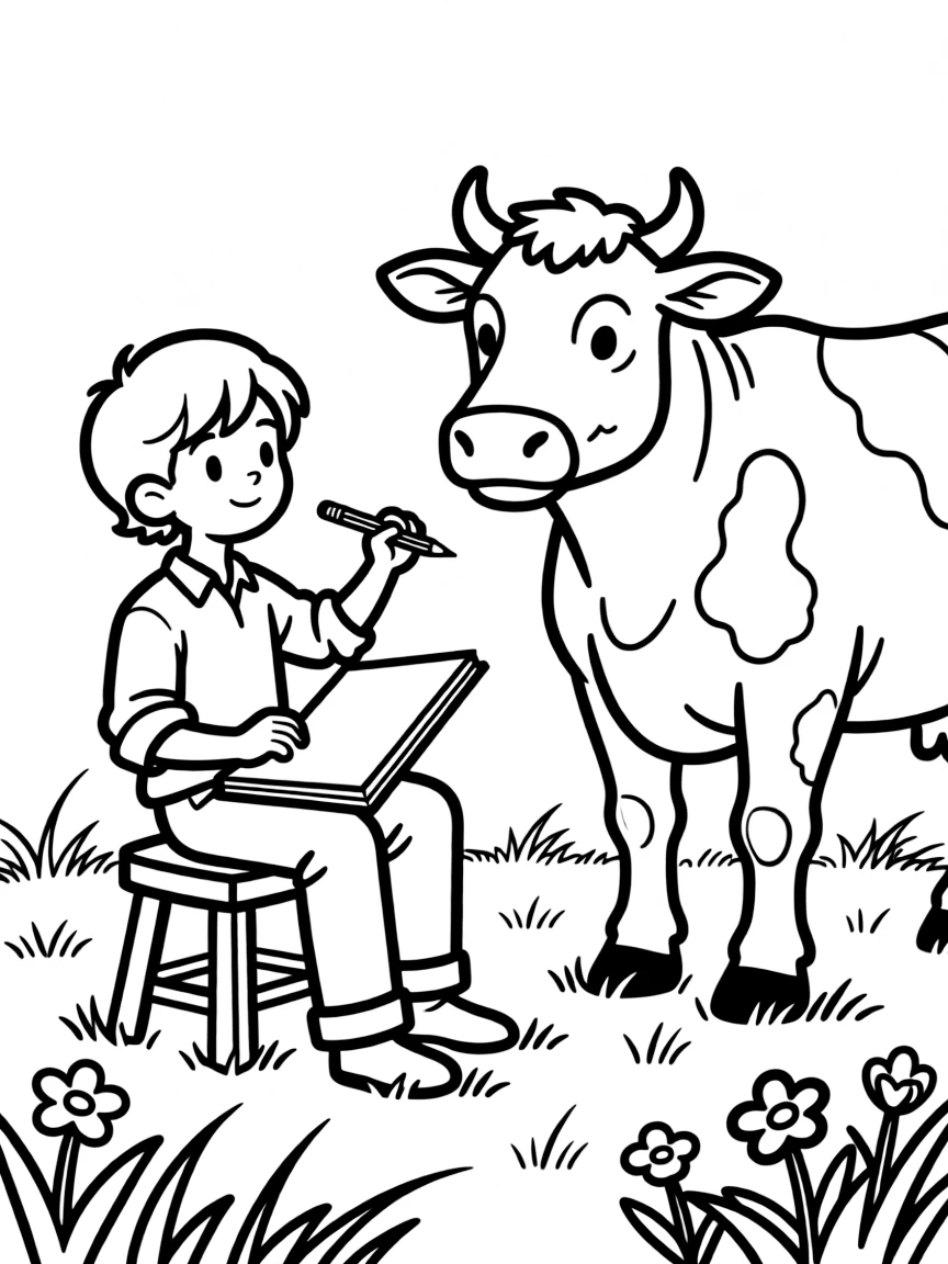 A cow being sketched by an artist sitting on a stool in the field