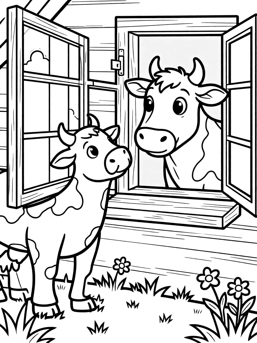 A cow looking through a farmhouse window with curiosity