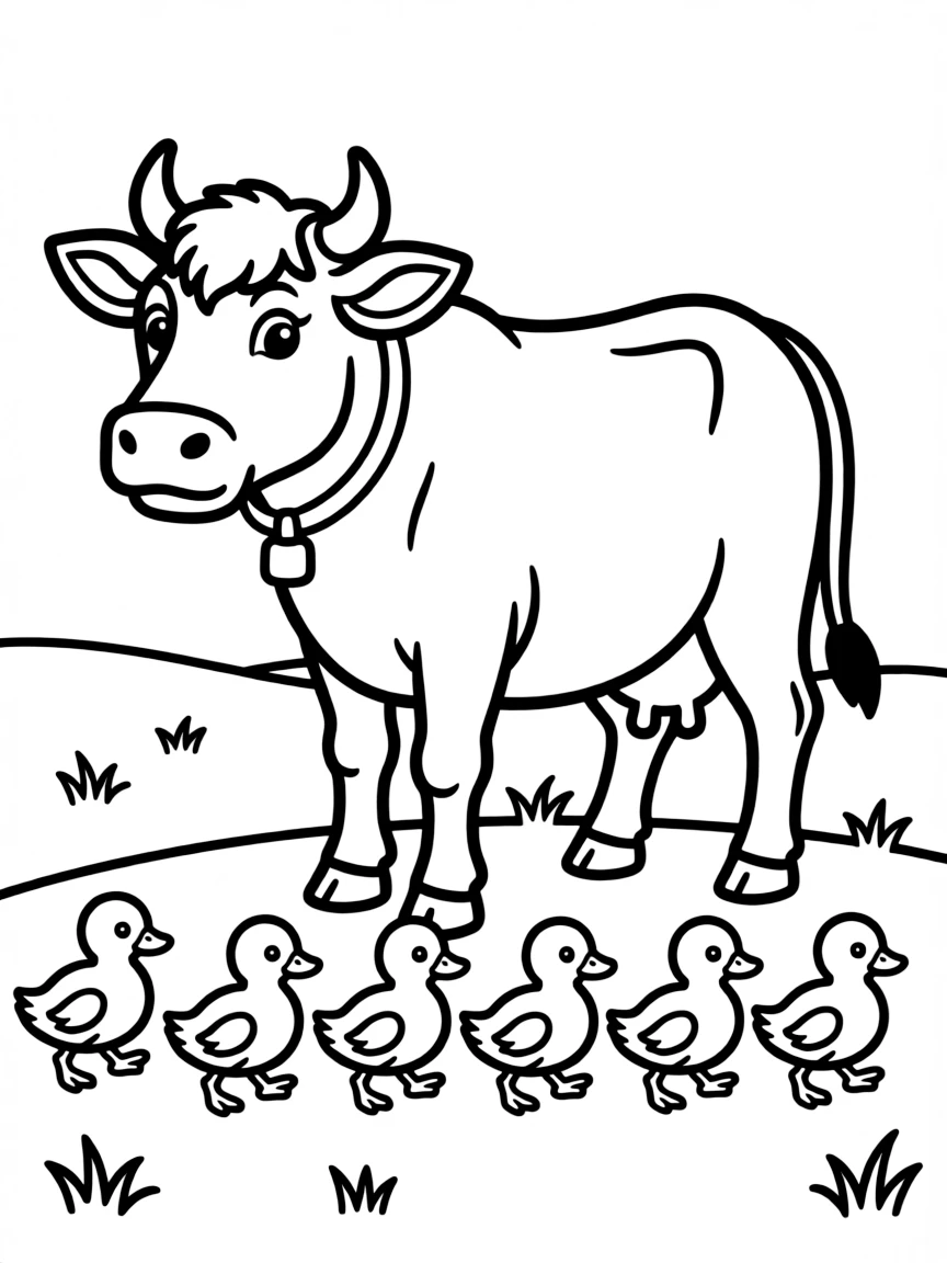 A cow watching ducklings walk by in a neat row