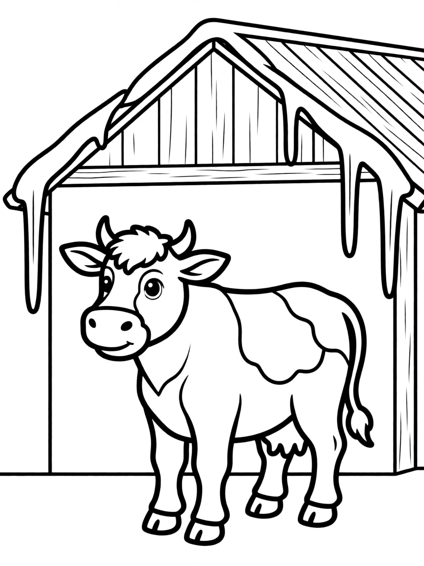 A cow standing beneath icicles hanging from the barn roof