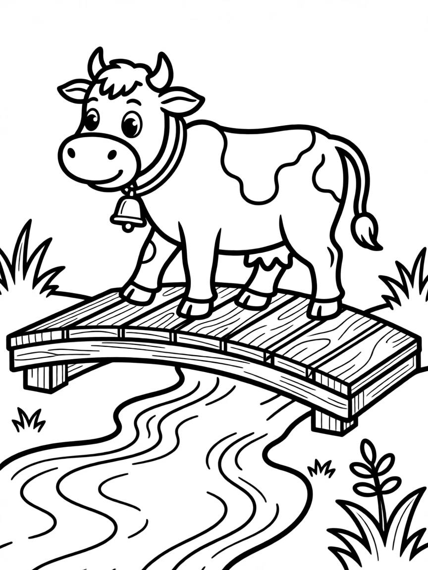 A cow walking over a small wooden bridge crossing a stream