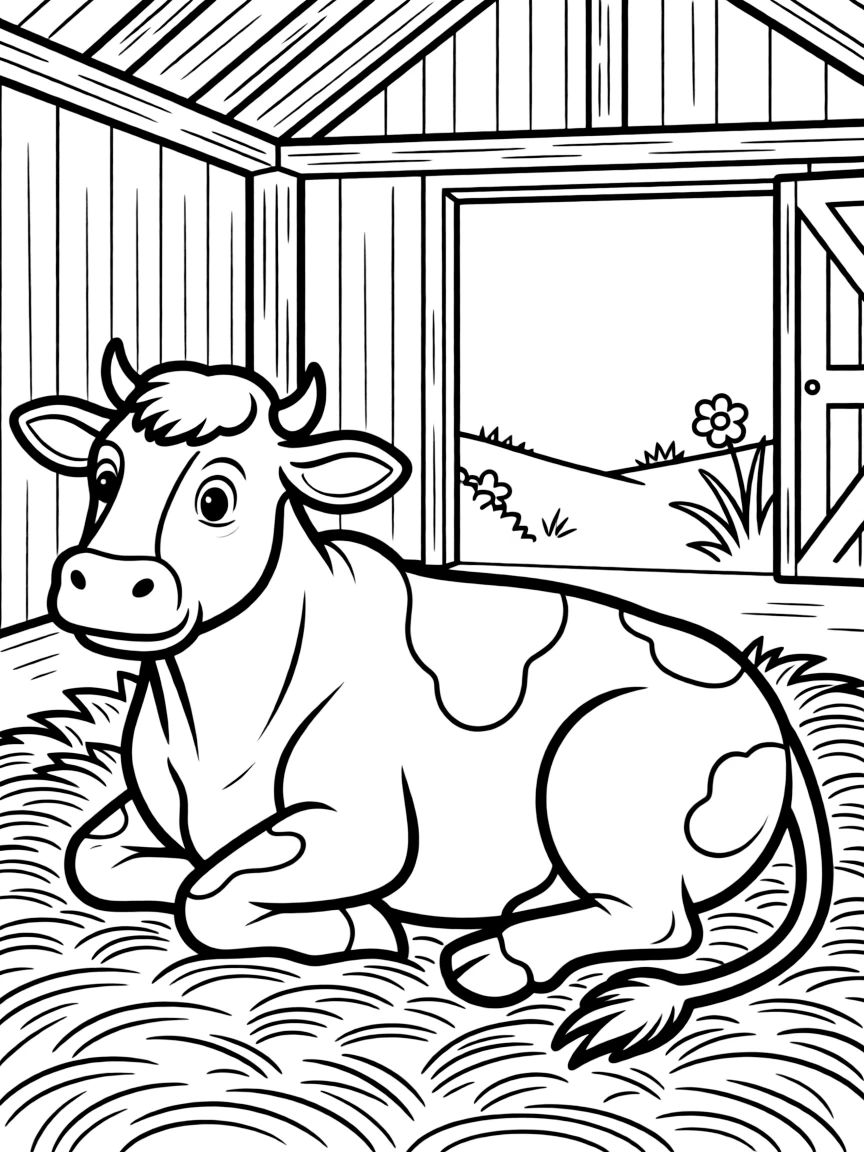 A cow lying in deep straw bedding in a cozy barn