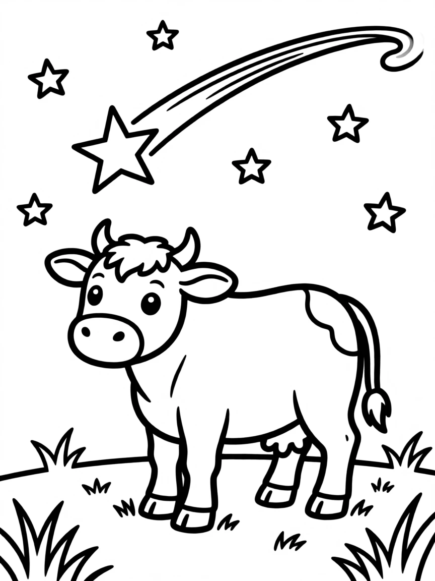 A cow gazing at a shooting star in the night sky
