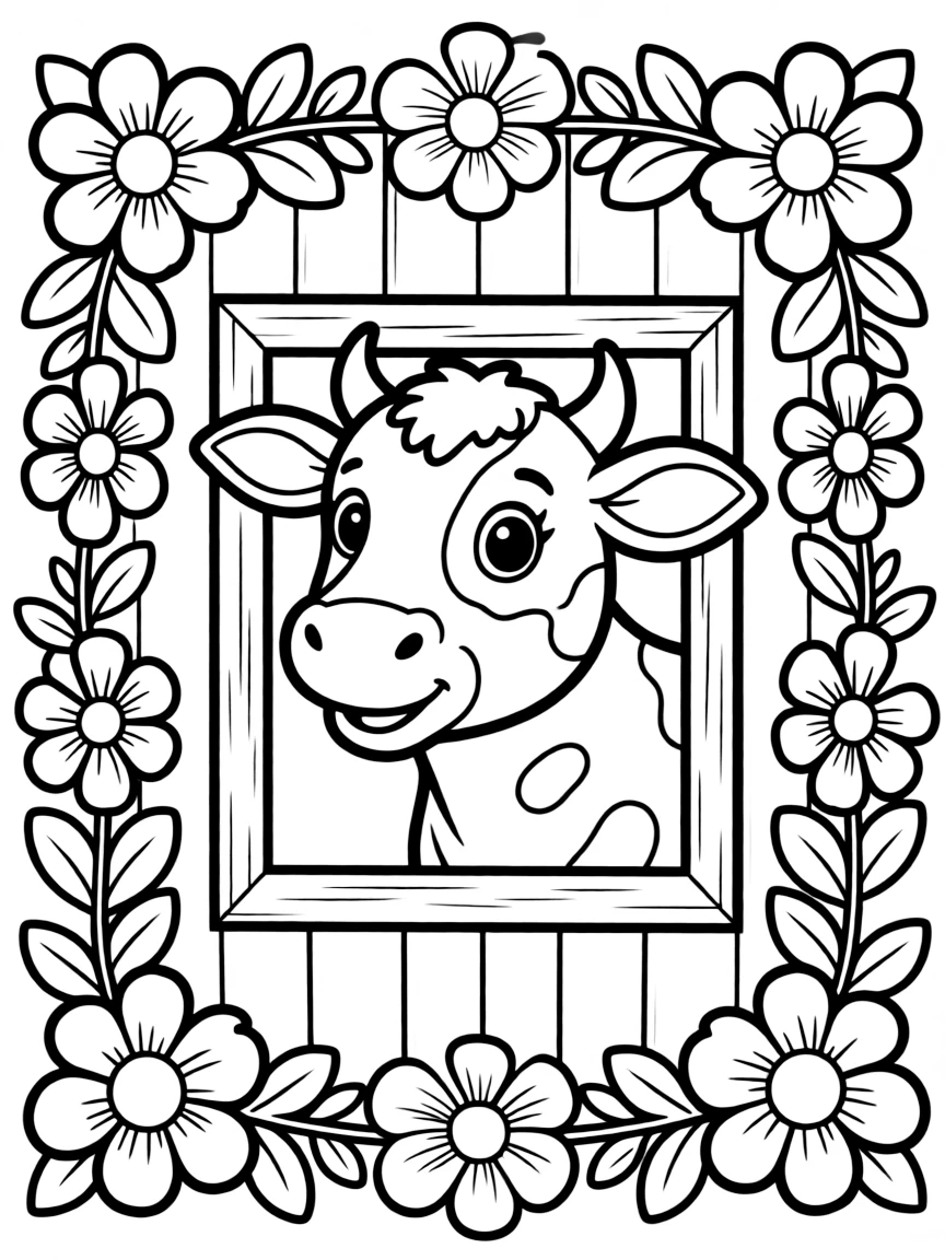 A cow with its head poking out of a barn window framed with flowers