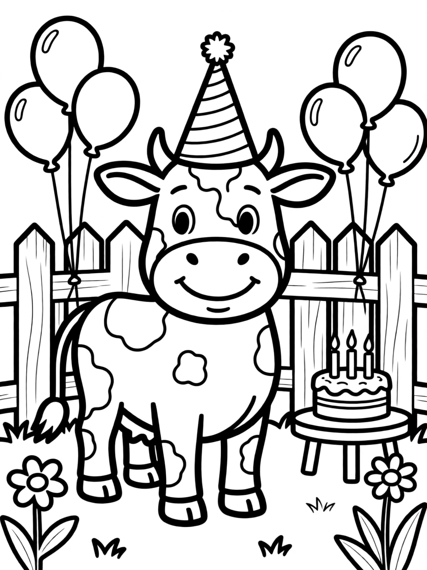 A cow with a birthday hat celebrating at a farm party
