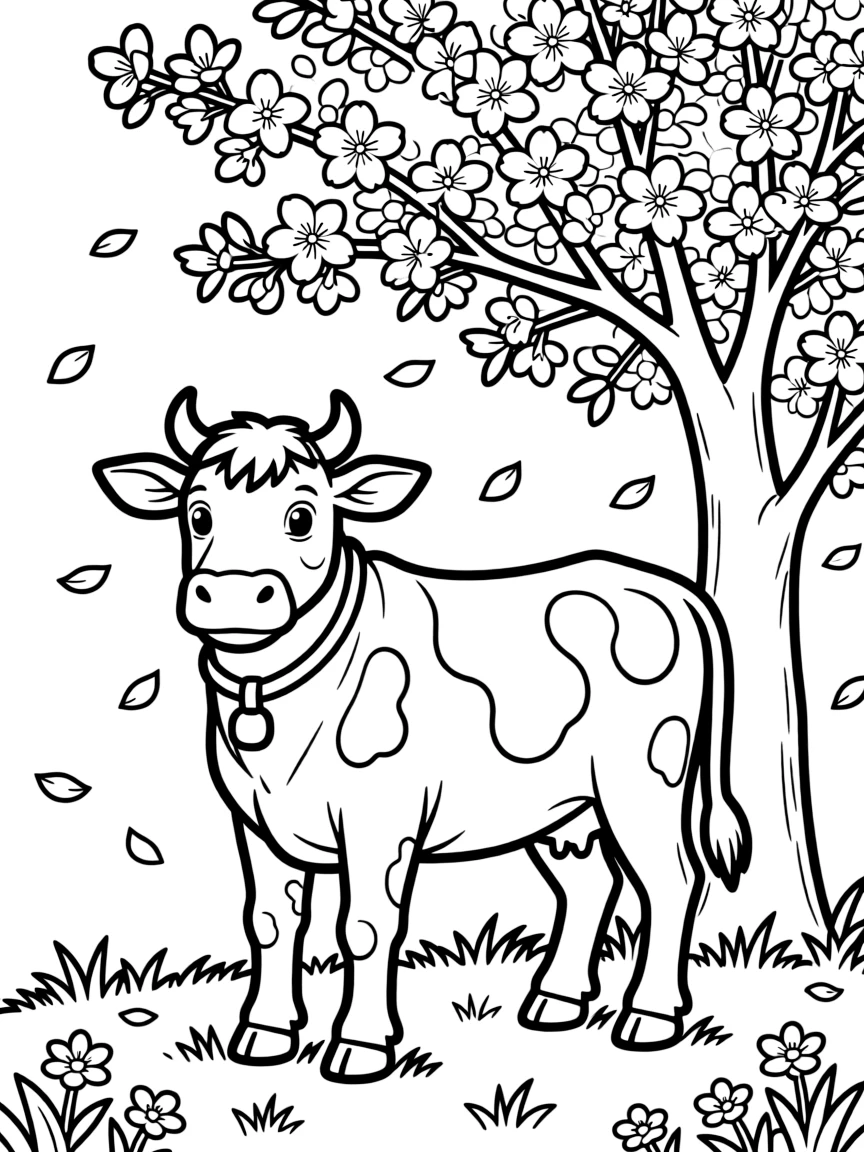 A cow underneath a blossoming cherry tree with petals falling
