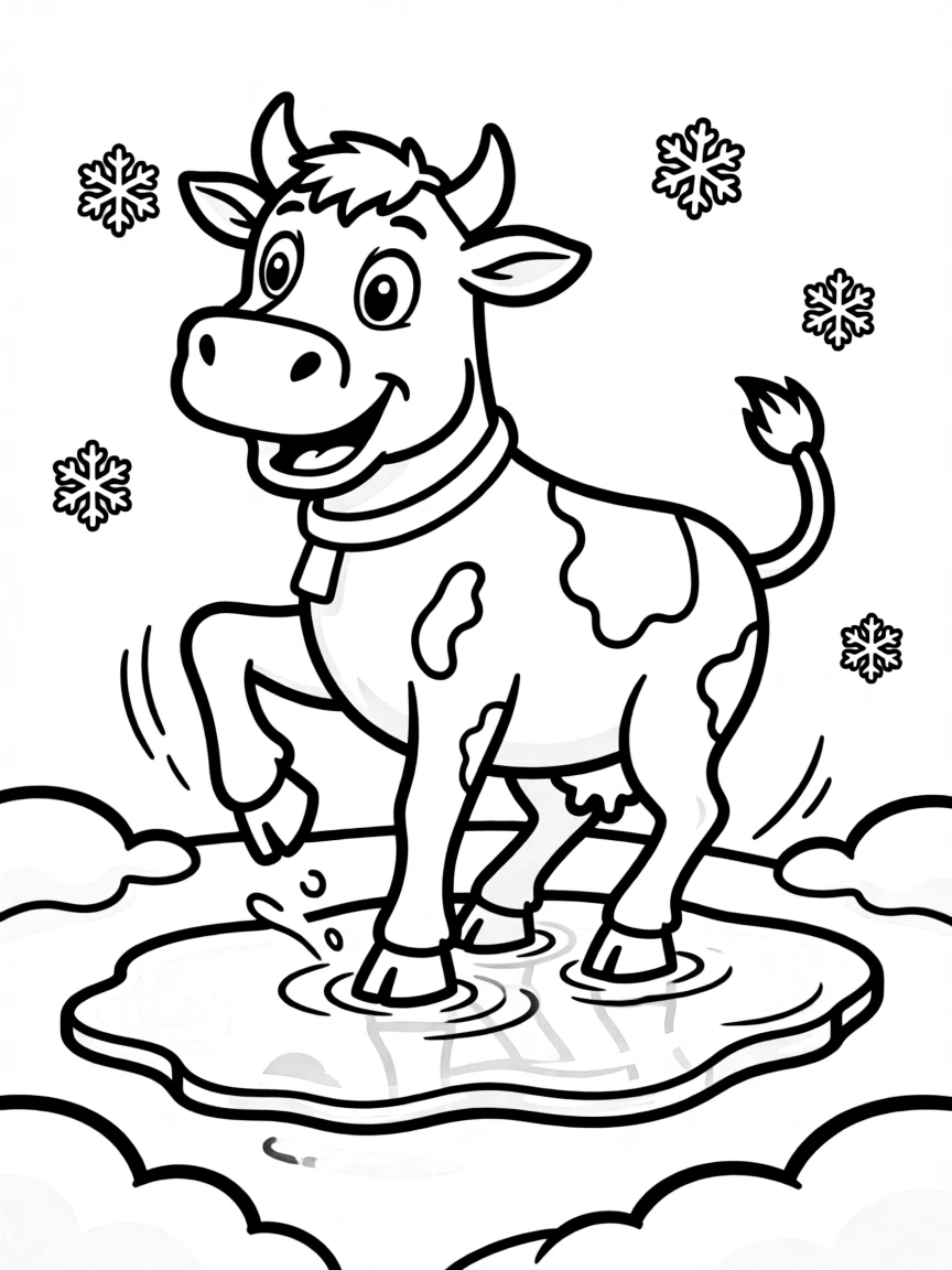 A cow slipping on ice with a comical expression