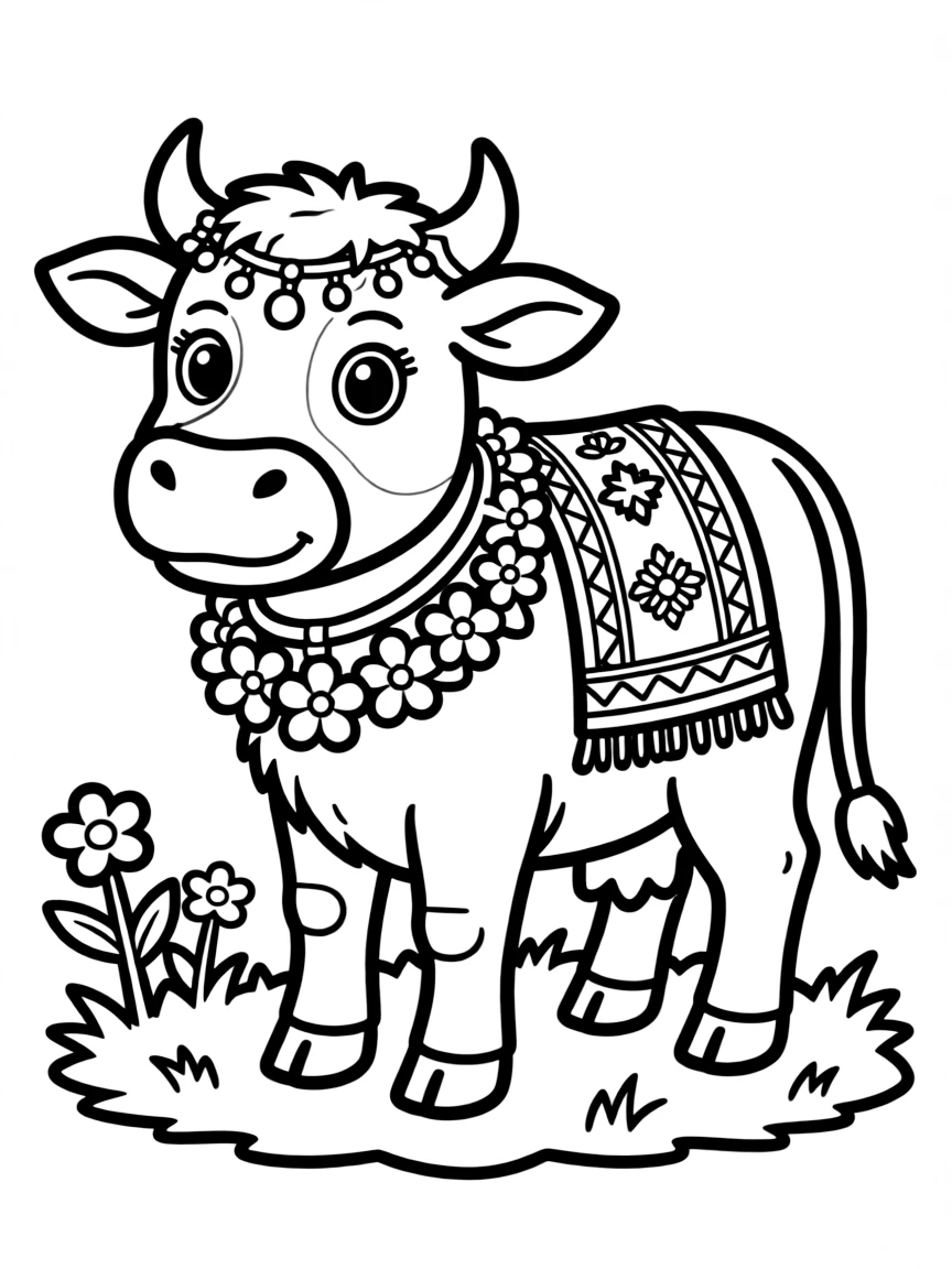 A cow wearing traditional decorations for a cultural celebration