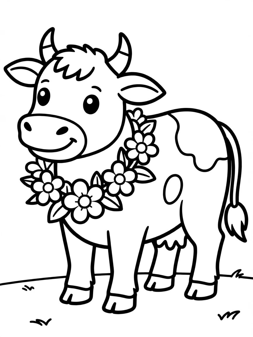 A cow with a garland of flowers around its neck