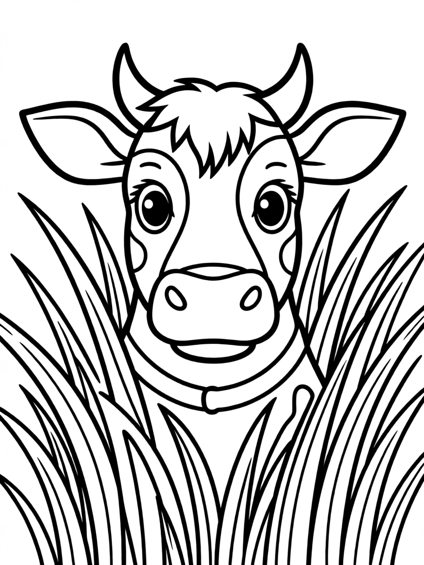 A cow's face peeking through tall grass