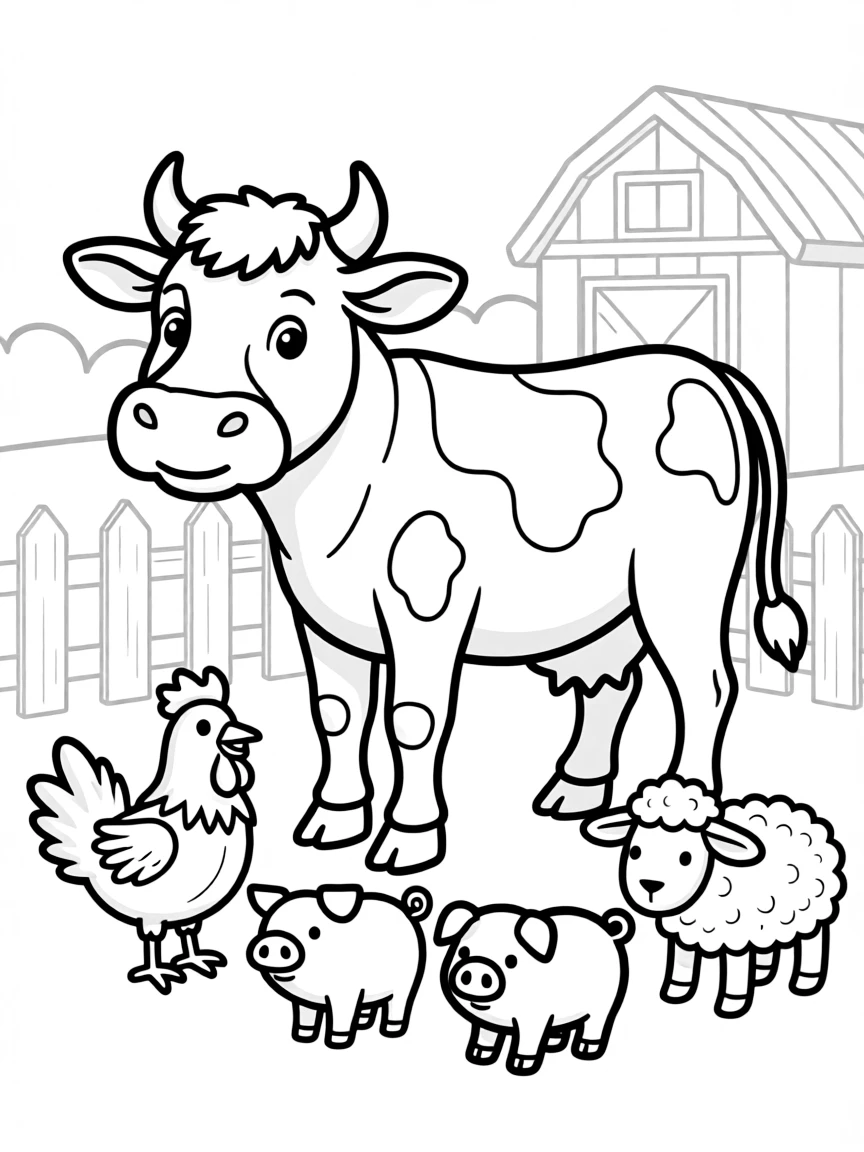 A cow with farmyard friends gathered around it