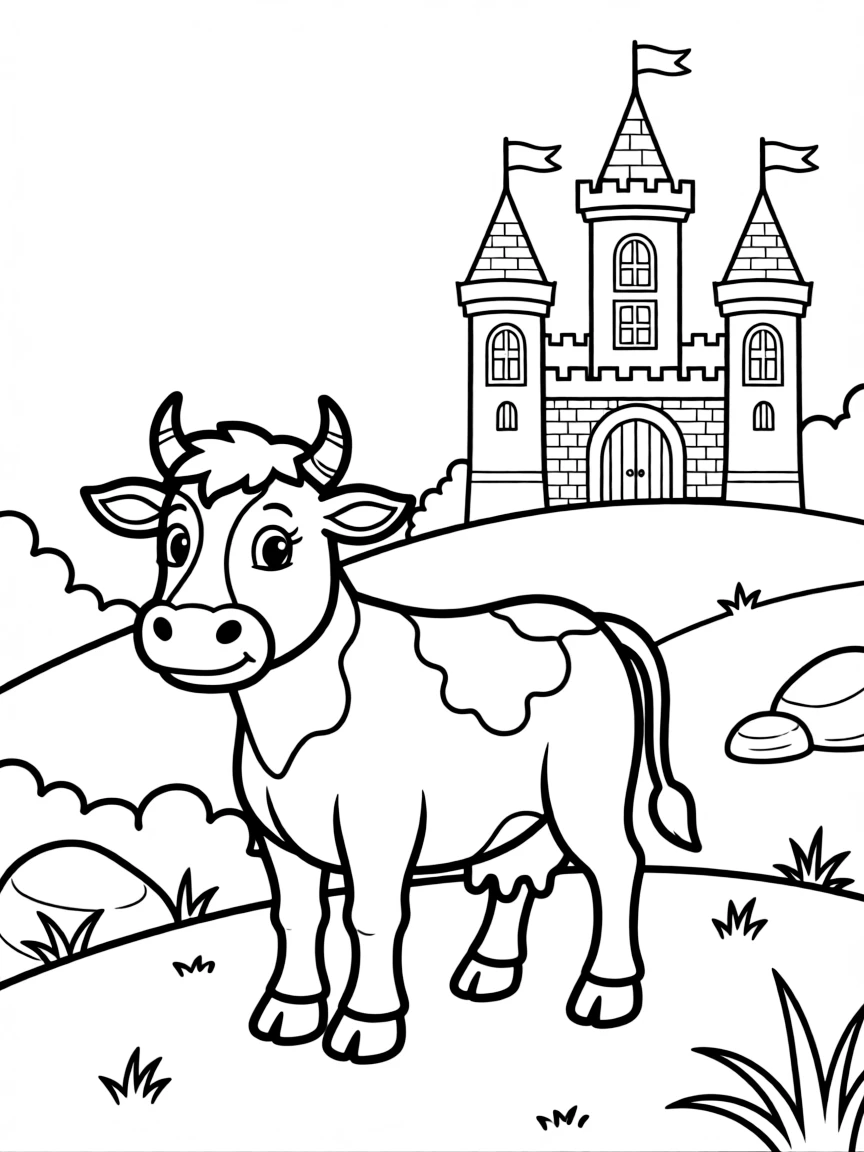 A cow on a hillside with a castle in the distance