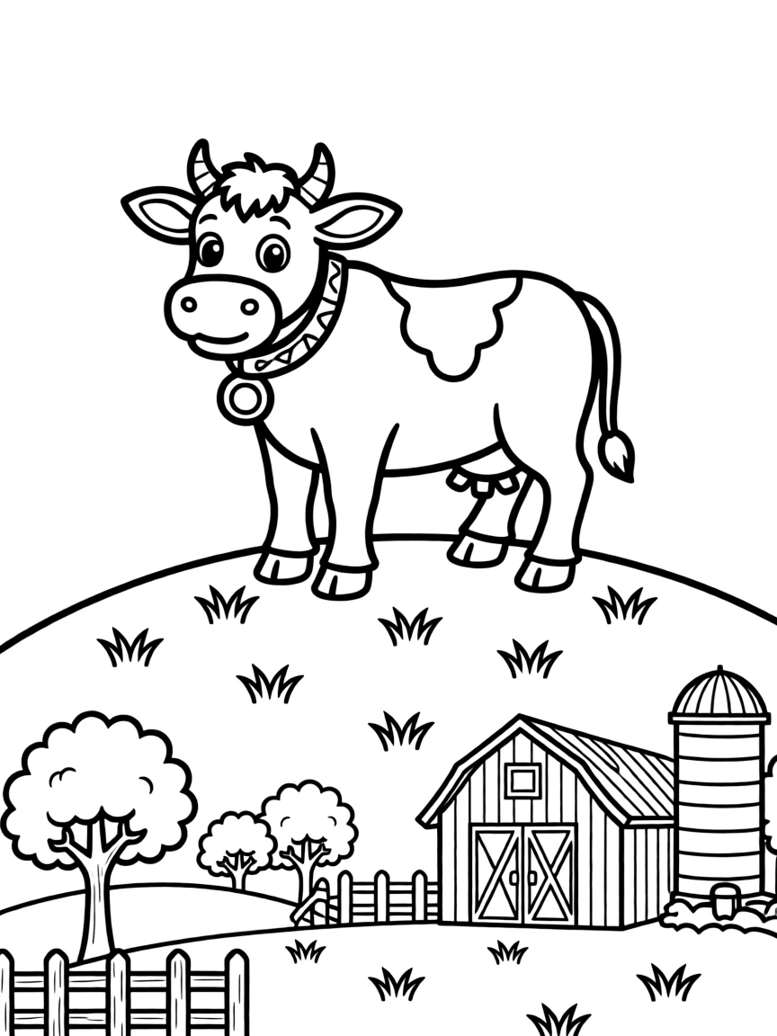 A cow standing on a hill overlooking the entire farm
