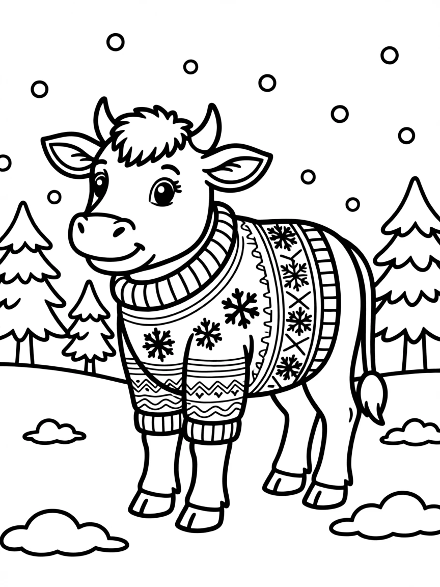 A cow wearing a handknitted sweater in winter