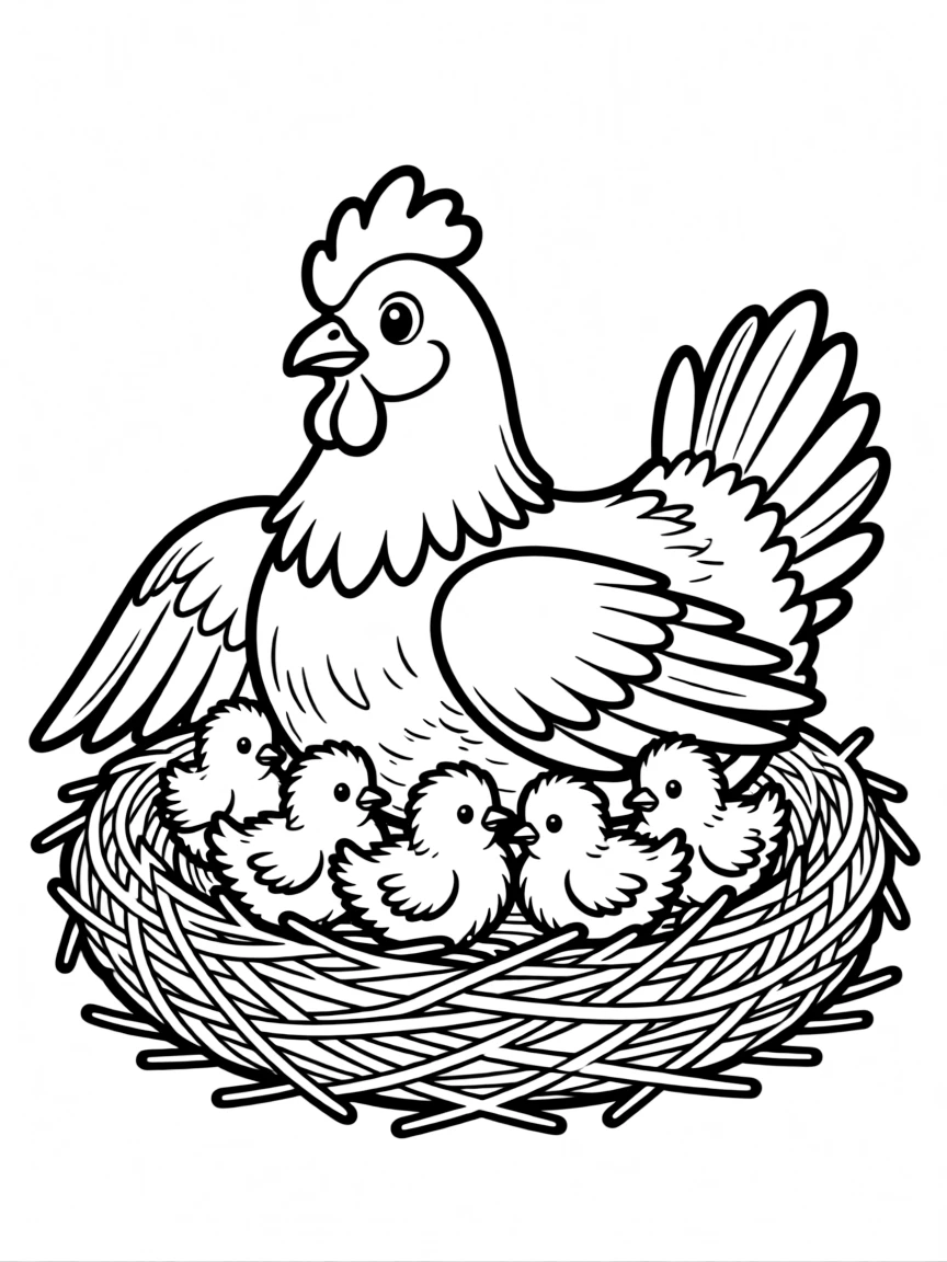A mother hen gathering her chicks under her wings in a nest