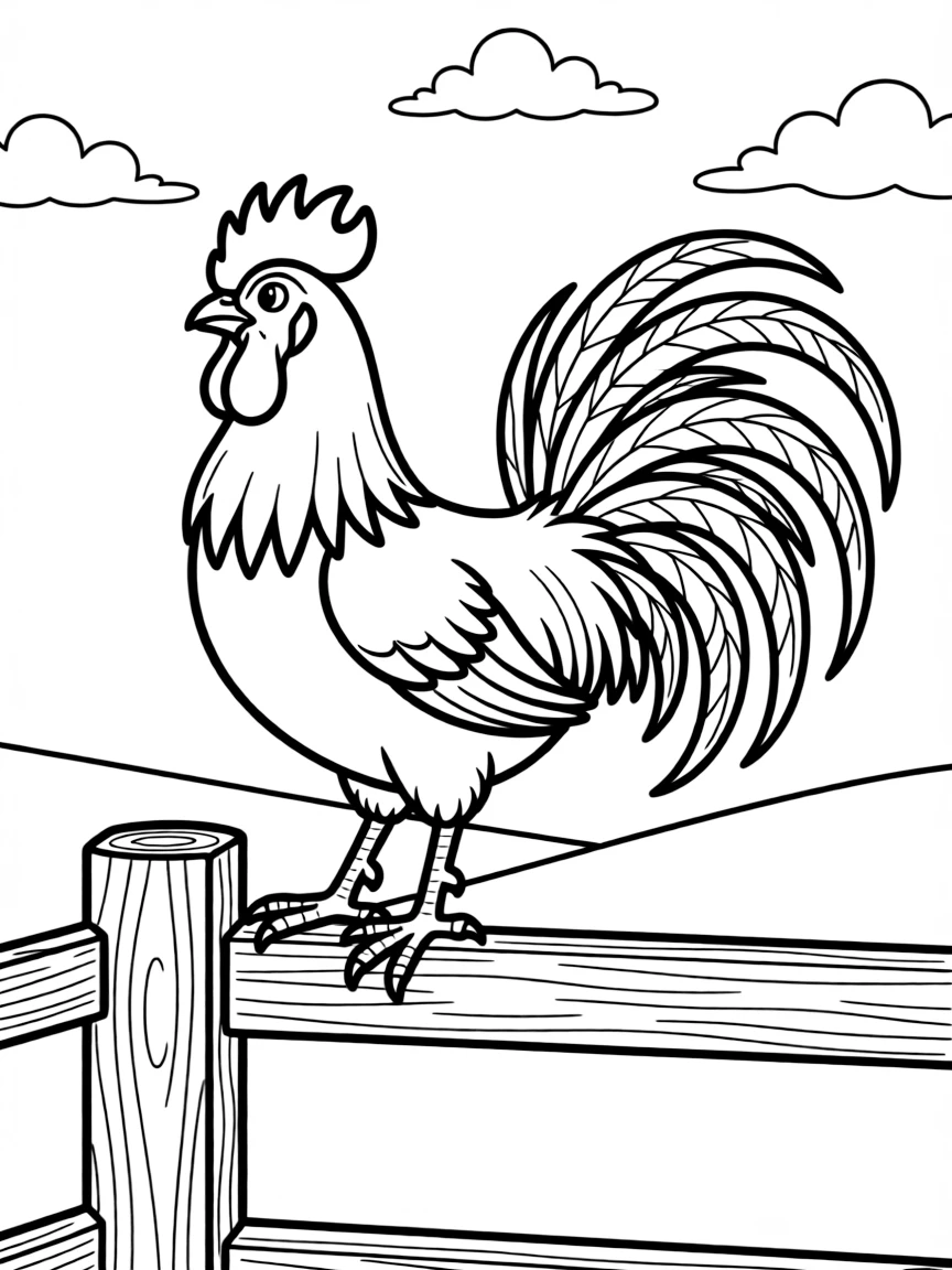 A rooster with elaborate tail feathers perched on a fence post at dawn
