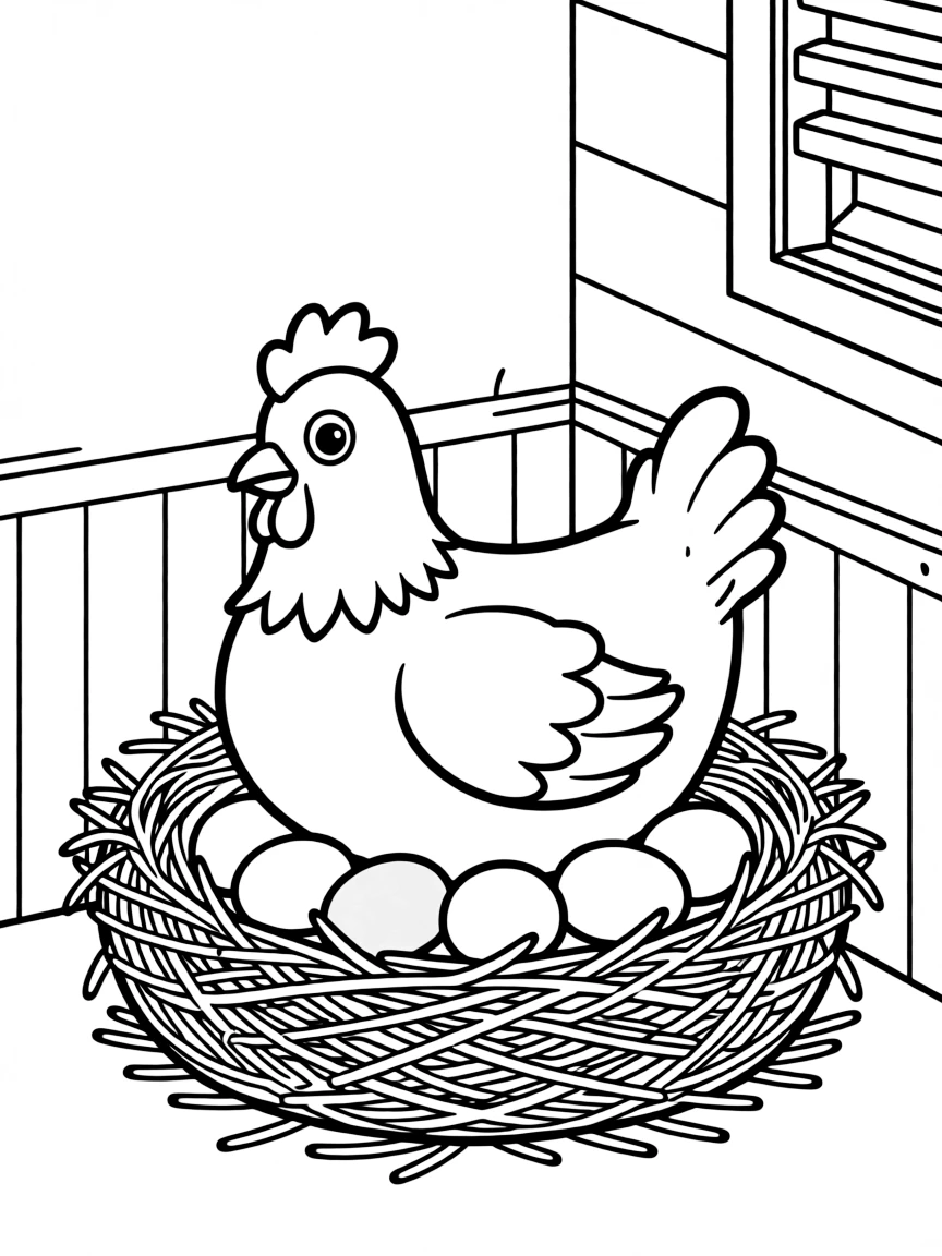 A chicken sitting on a nest full of eggs in the corner of a coop