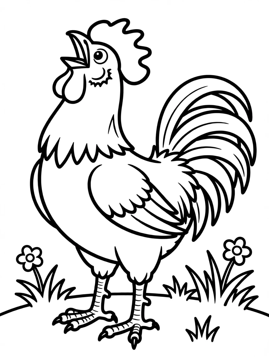 A rooster crowing with its head thrown back and chest puffed out