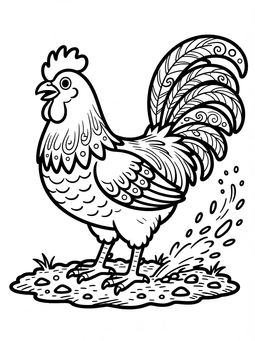 A chicken with fancy decorative feathers dusting itself in dry soil