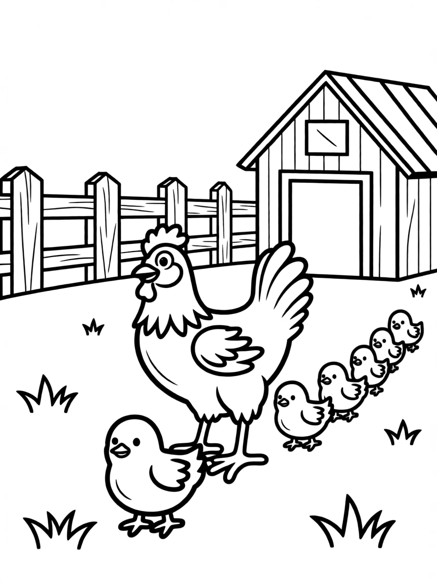 A line of chicks following their mother across the farmyard