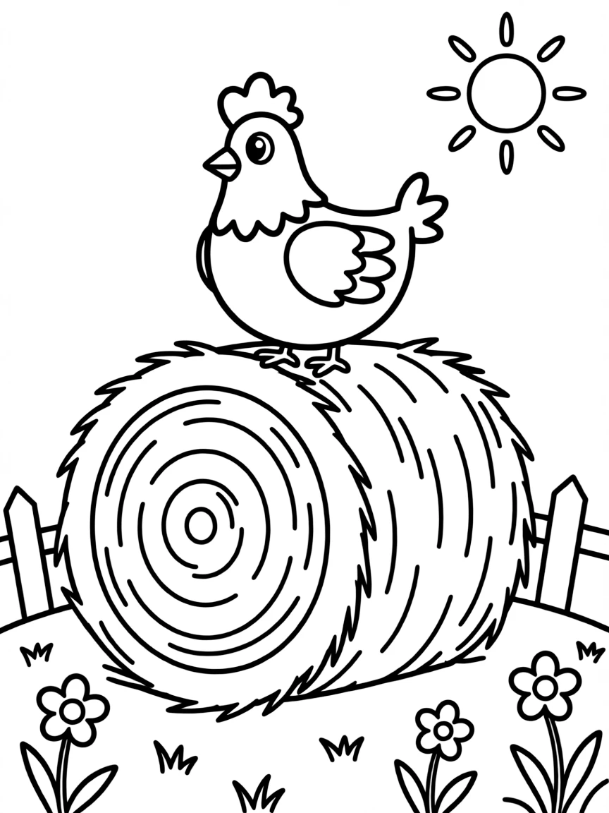 A chicken perched on top of a hay bale surveying the farm