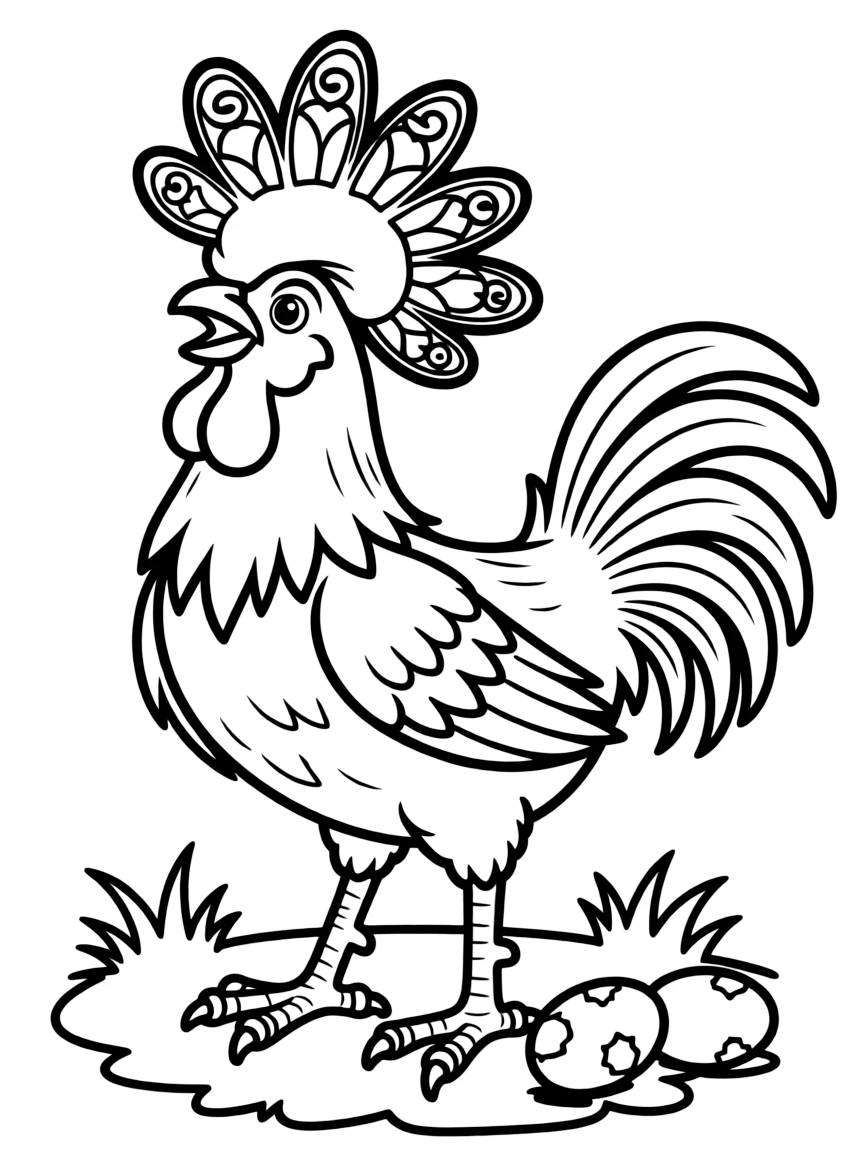 A chicken with an elaborate comb and wattles posing proudly