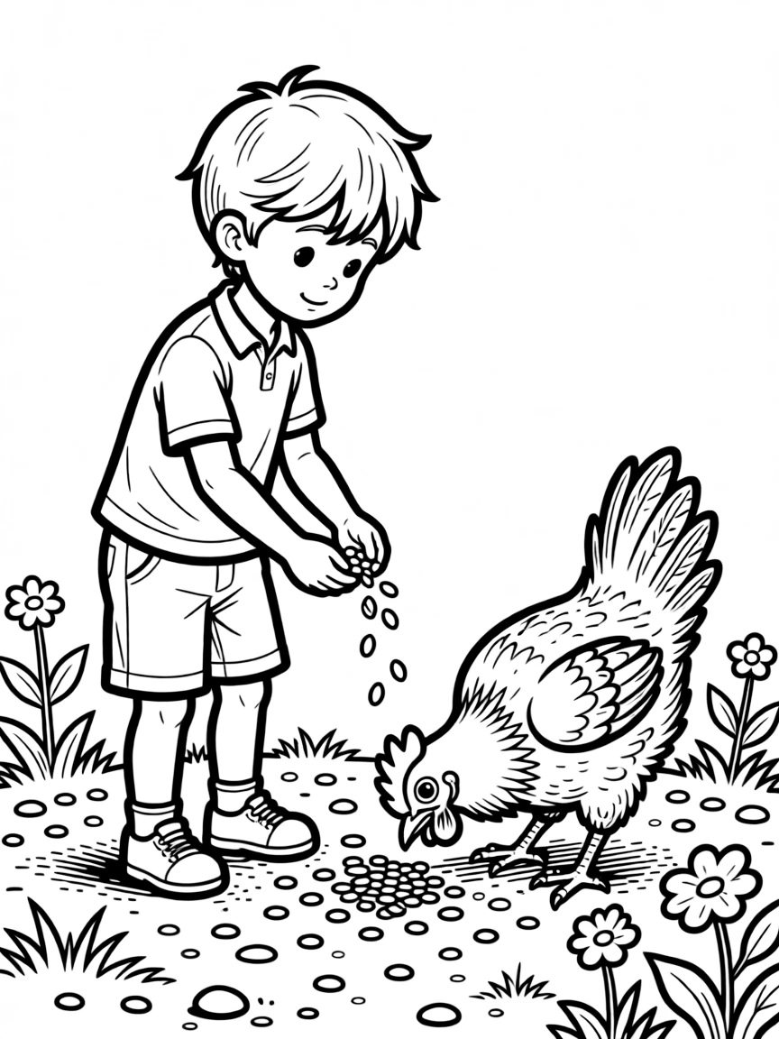 A chicken pecking at seeds scattered on the ground
