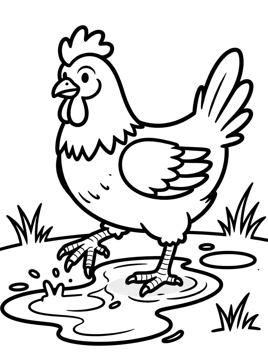 A chicken with feathered feet carefully stepping through puddles