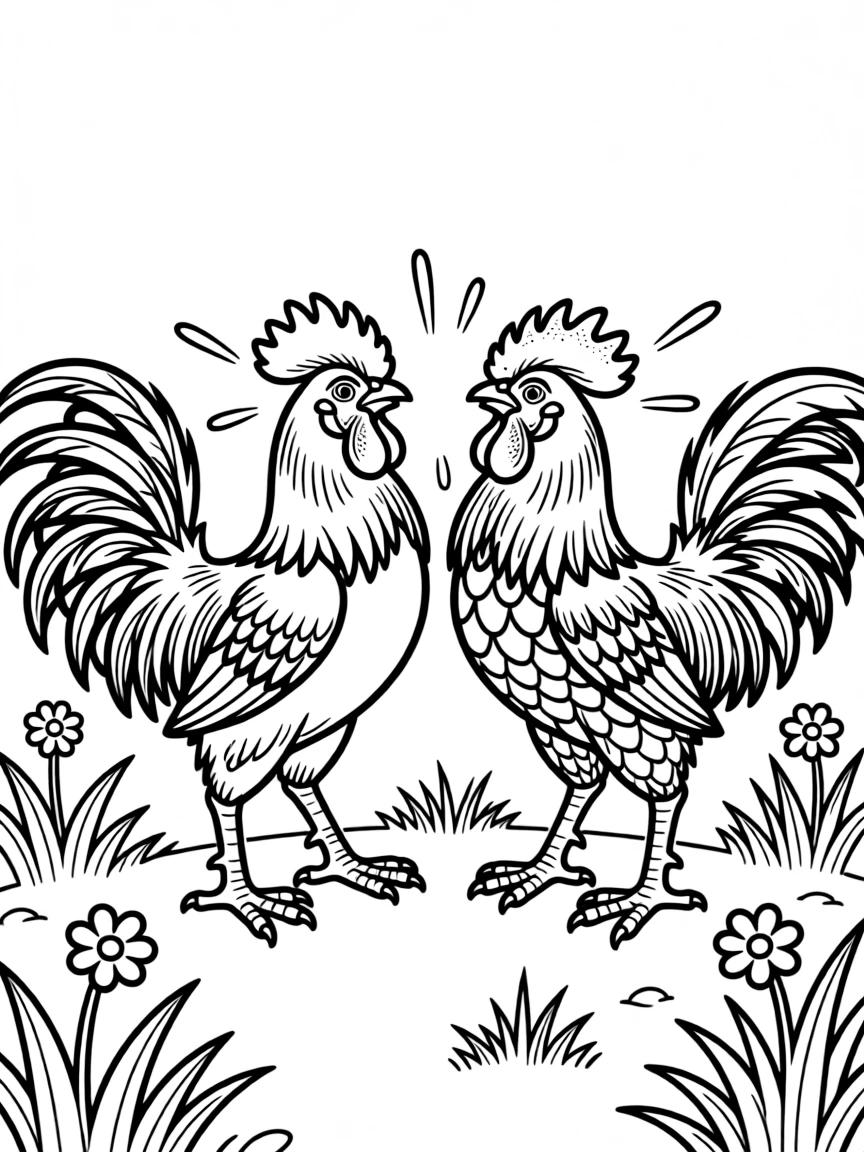 A rooster engaging in a dramatic standoff with another rooster