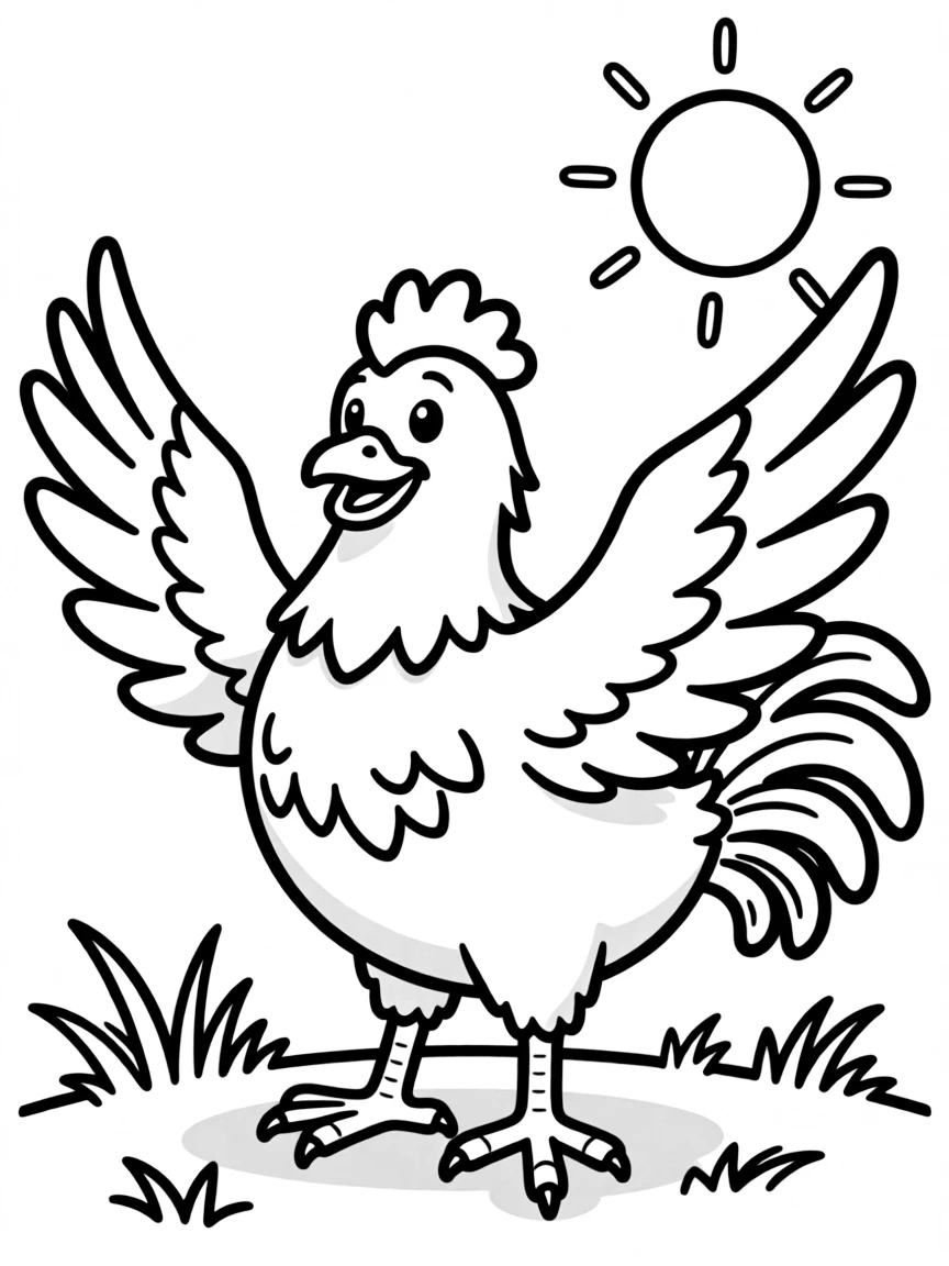 A chicken with its wings spread wide in a sunny spot