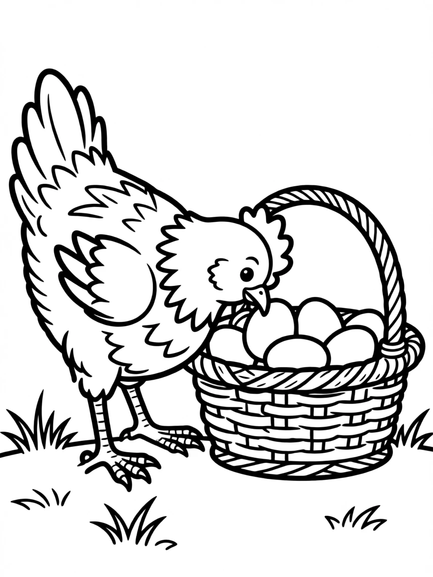 A chicken investigating a basketful of freshly gathered eggs