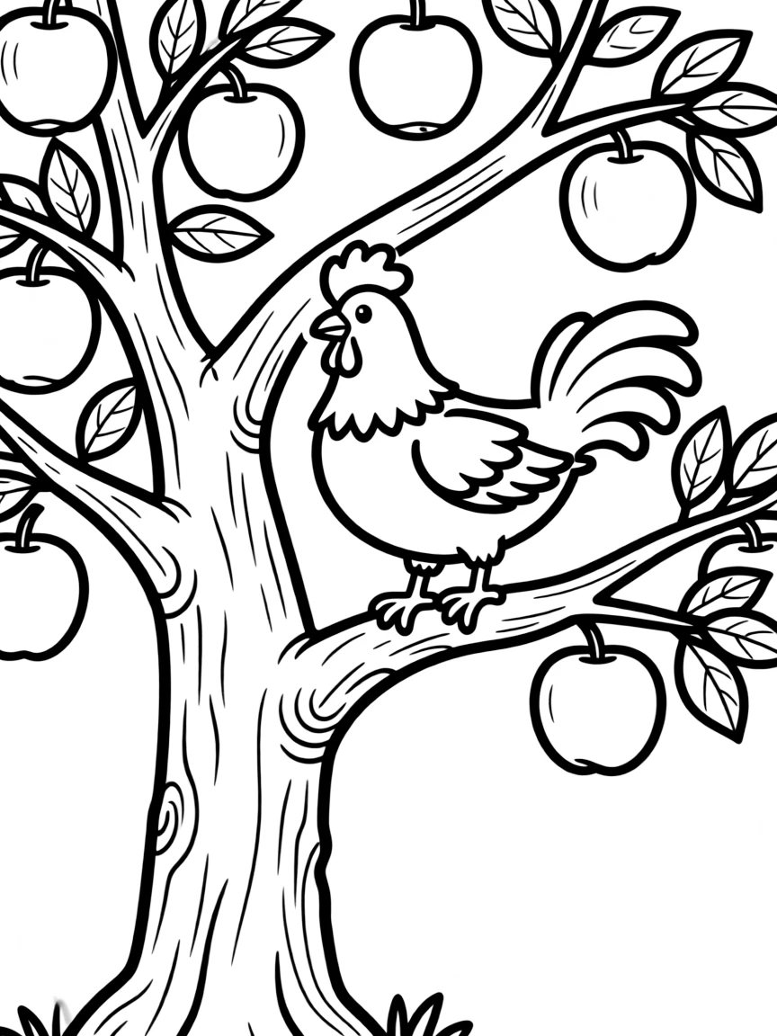 A chicken roosting in an apple tree laden with fruit