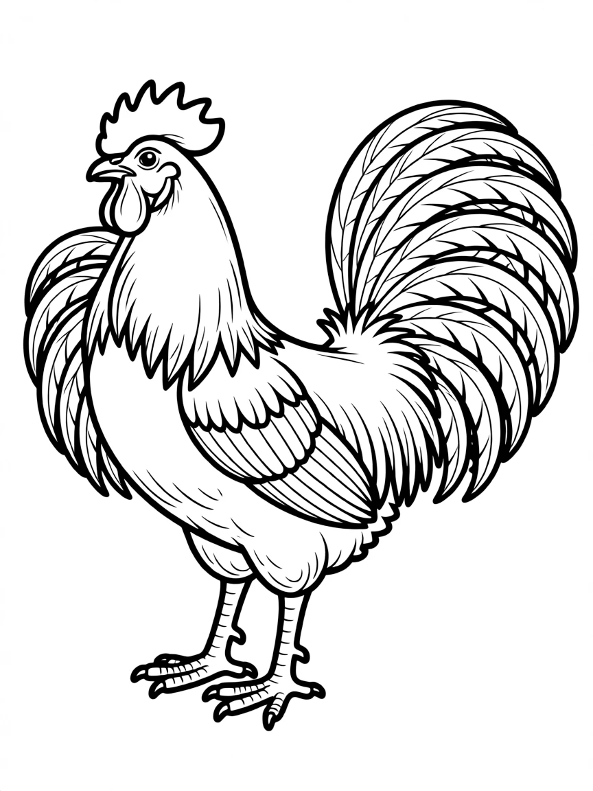 A chicken with elaborate plumage in a show stance