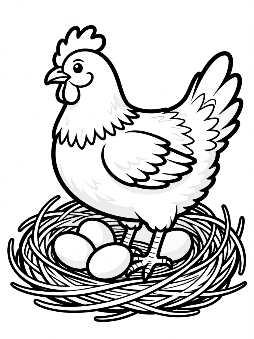A hen sitting attentively on a clutch of eggs in a straw nest