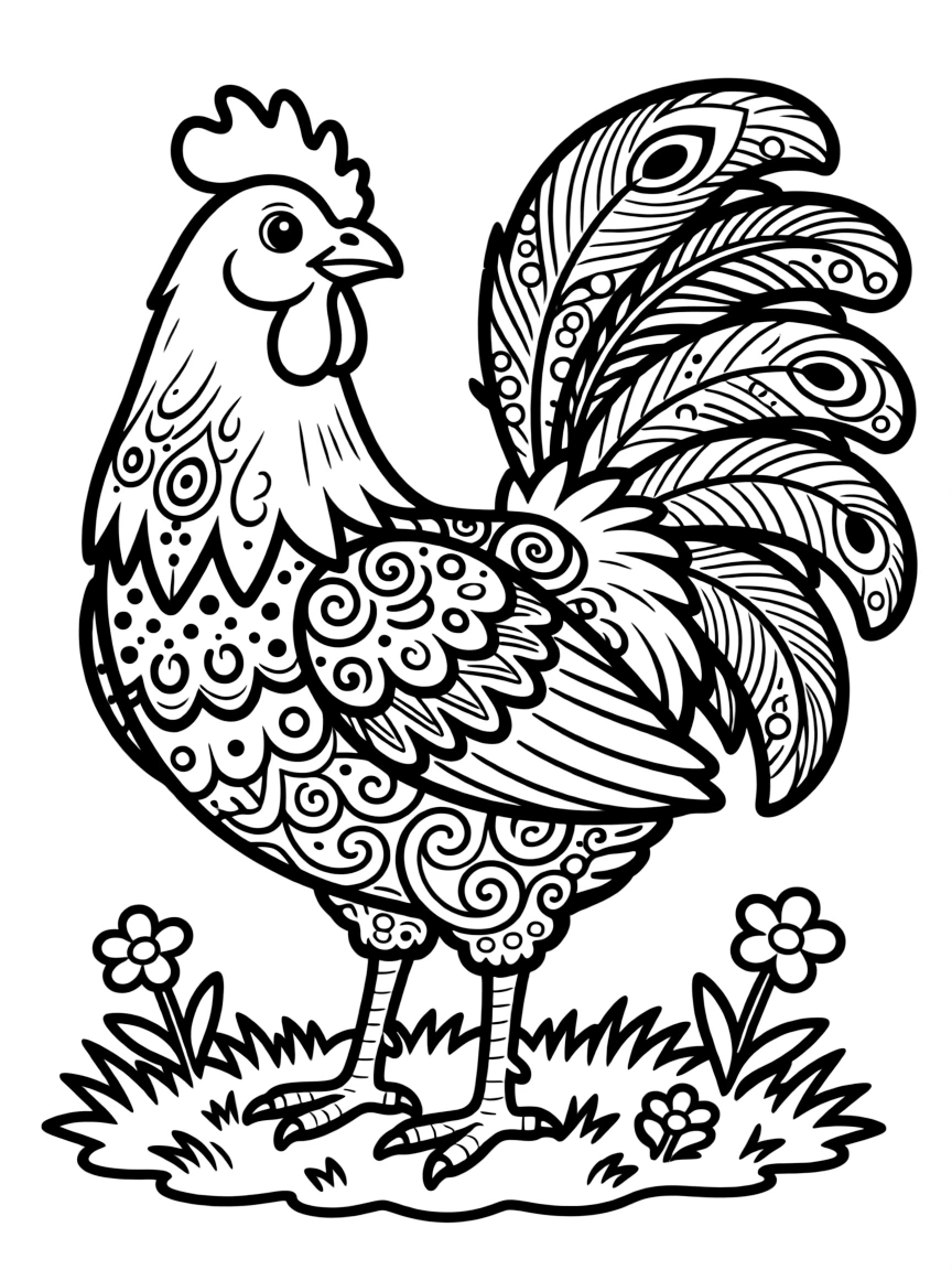 A chicken with remarkably decorative feather patterns