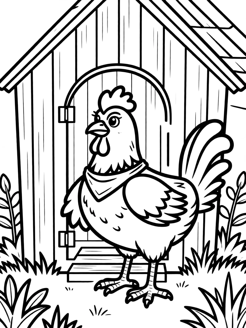 A chicken standing at the entrance of its coop like a guardian