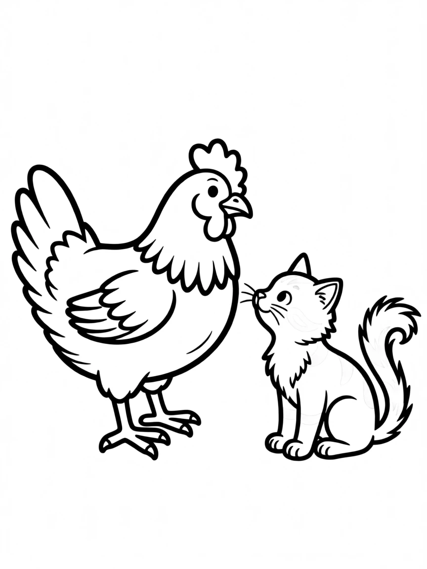 A chicken interacting with a curious farm cat keeping its distance