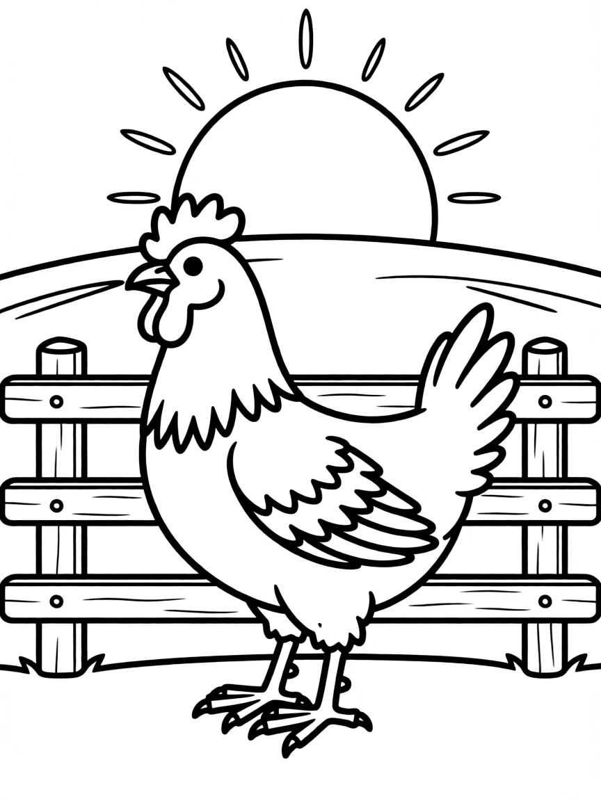 A chicken silhouetted against the rising sun on a fence