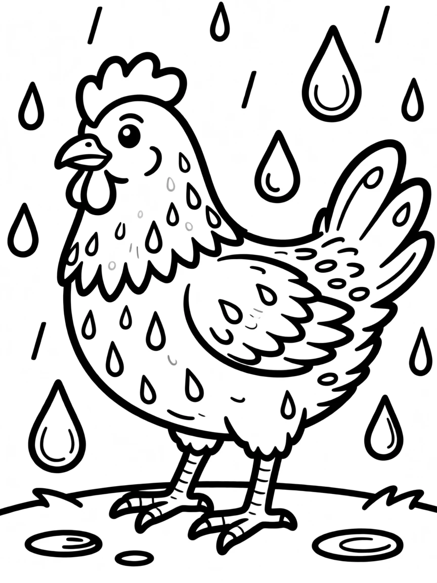 A chicken with raindrops beading on its feathers after a shower