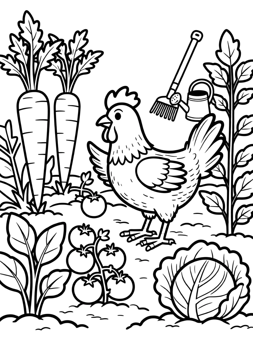 A chicken exploring a garden patch with vegetables growing