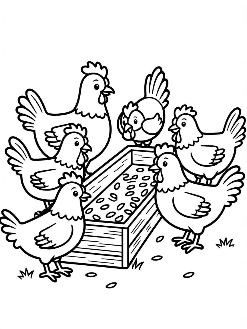 A group of chickens gathered around a feed trough at mealtime
