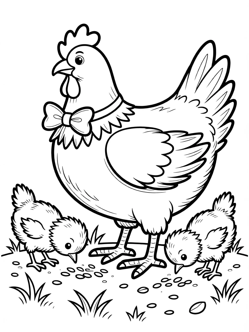 A mother hen teaching her chicks to forage for food