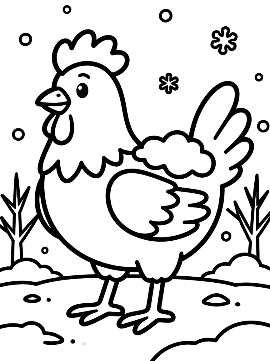 A chicken with snow settled on its back in winter