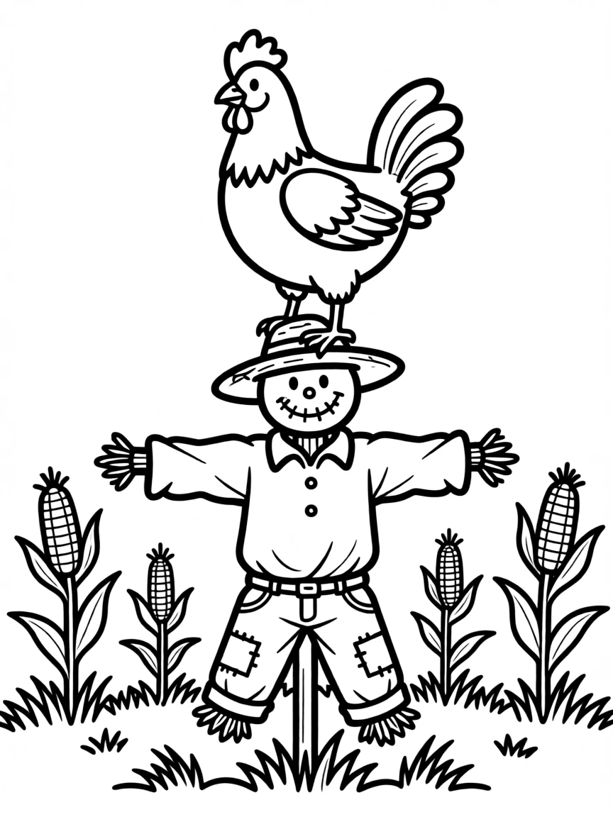 A chicken standing atop a scarecrow in a field