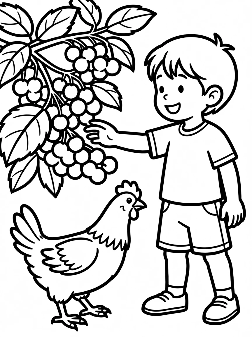 A chicken stealing berries from a low-hanging bush