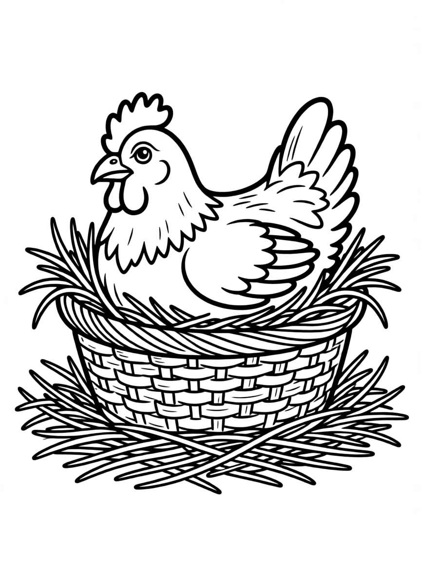 A chicken nestled in a basket of fresh straw