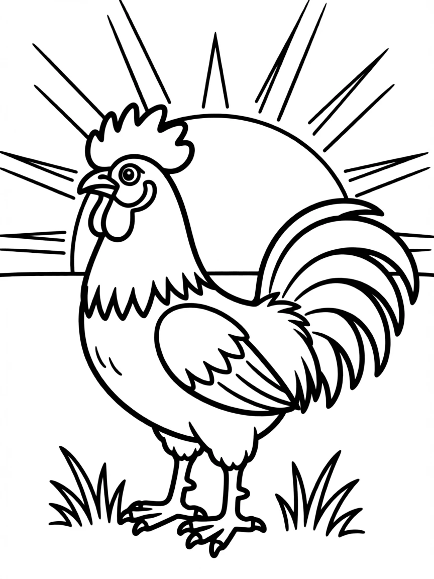 A rooster standing tall as the morning sun rises behind it