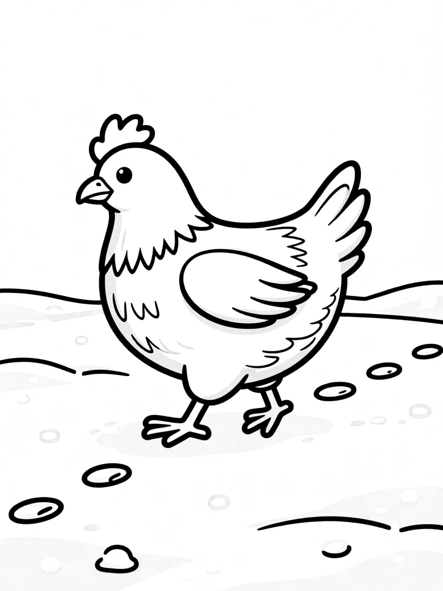 A chicken leaving tiny footprints across newly fallen snow