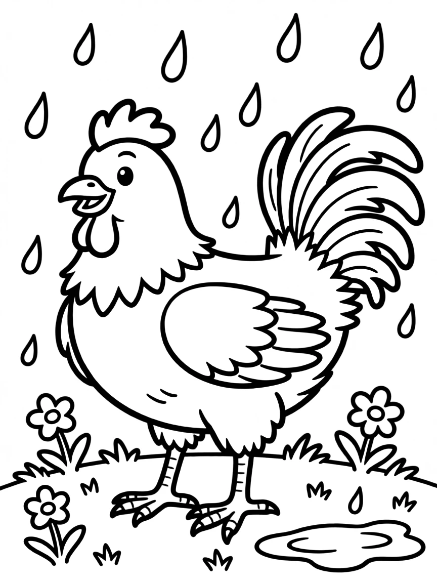 A chicken ruffling its feathers after getting wet in the rain