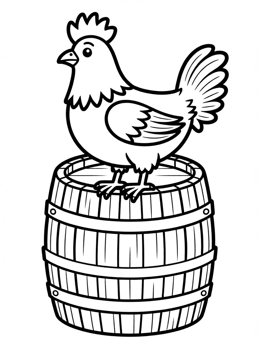A chicken perched on the edge of a wooden barrel